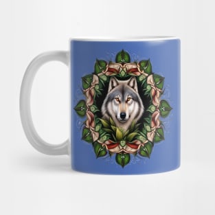 A Timber Wolf Surrounded By Lady's Slipper Minnesota State Tattoo Art Mug